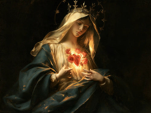 the Immaculate Heart of Mary in black and gold in Black and Gold style, landscape Christian artwork no. 8