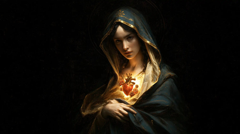 the Immaculate Heart of Mary in black and gold in Black and Gold style, landscape Christian artwork no. 20