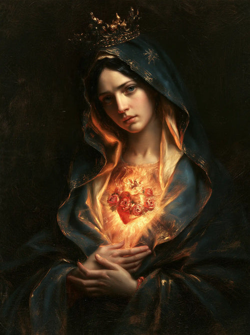 the Immaculate Heart of Mary in black and gold in Black and Gold style, portrait Christian artwork no. 13