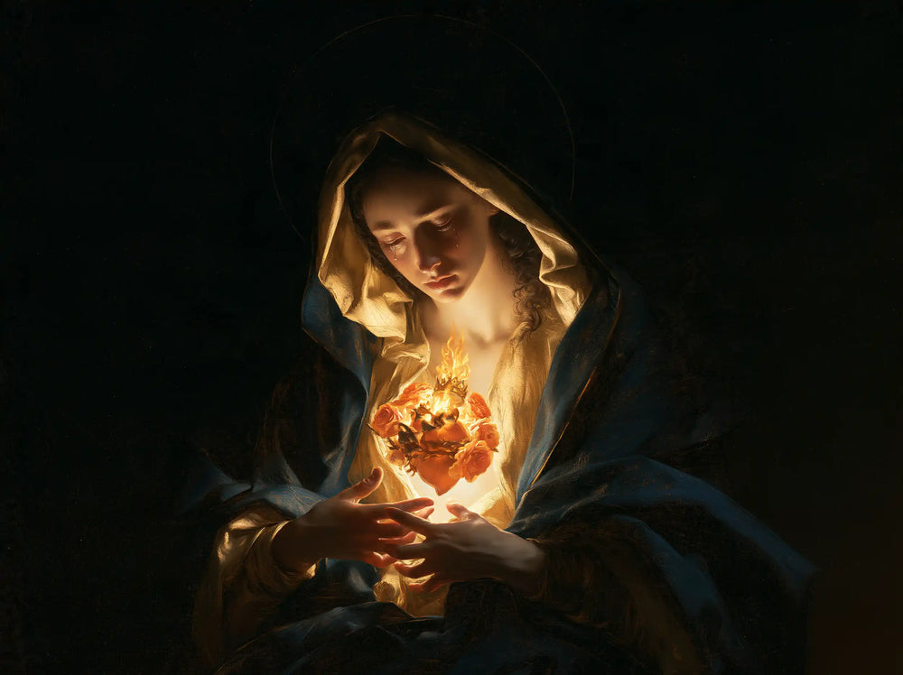 the Immaculate Heart of Mary in dramatic chiaroscuro in Caravaggio Tenebrism style, landscape Christian artwork no. 5