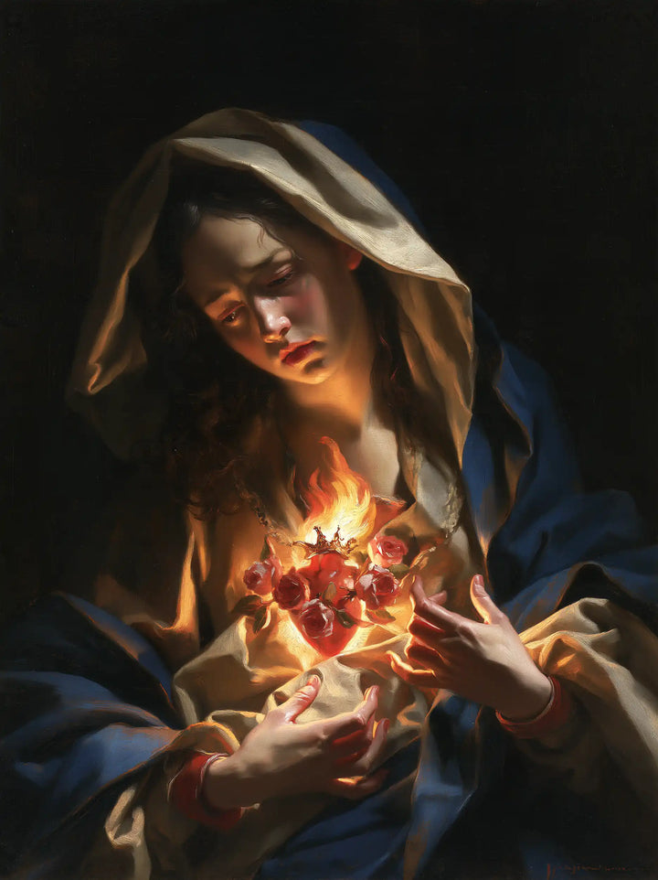 The Immaculate Heart of Mary — Open Fingers Beneath Luminous Roses