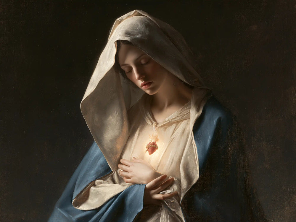 the Immaculate Heart of Mary in a minimalist composition in Contemporary Minimalism style, landscape Christian artwork no. 5