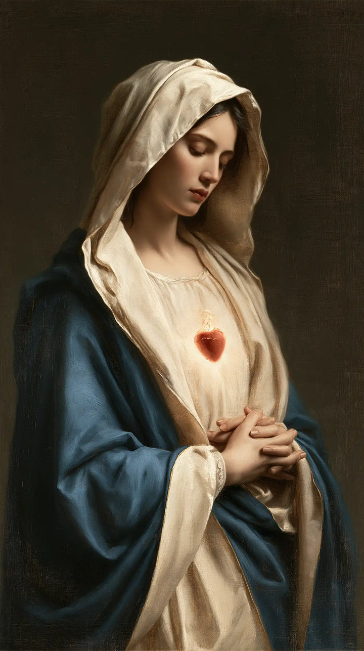The Immaculate Heart of Mary — Solitary Red Above Resting Hands
