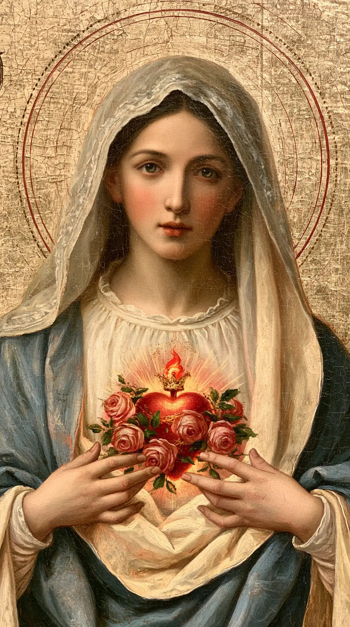 The Immaculate Heart of Mary — The Red Garden Beneath the Engraved Halo
