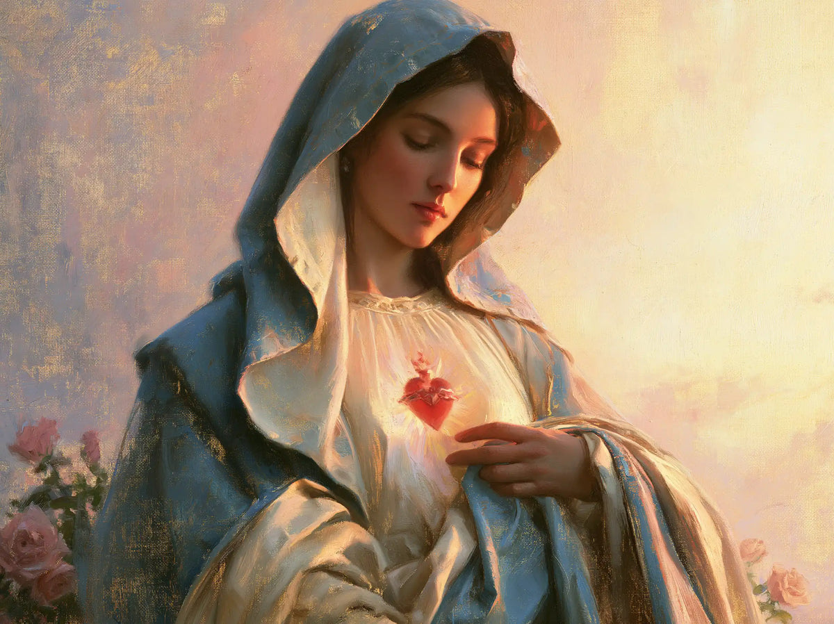 the Immaculate Heart of Mary at dawn in The Immaculate Heart at Dawn style, landscape Christian artwork no. 6