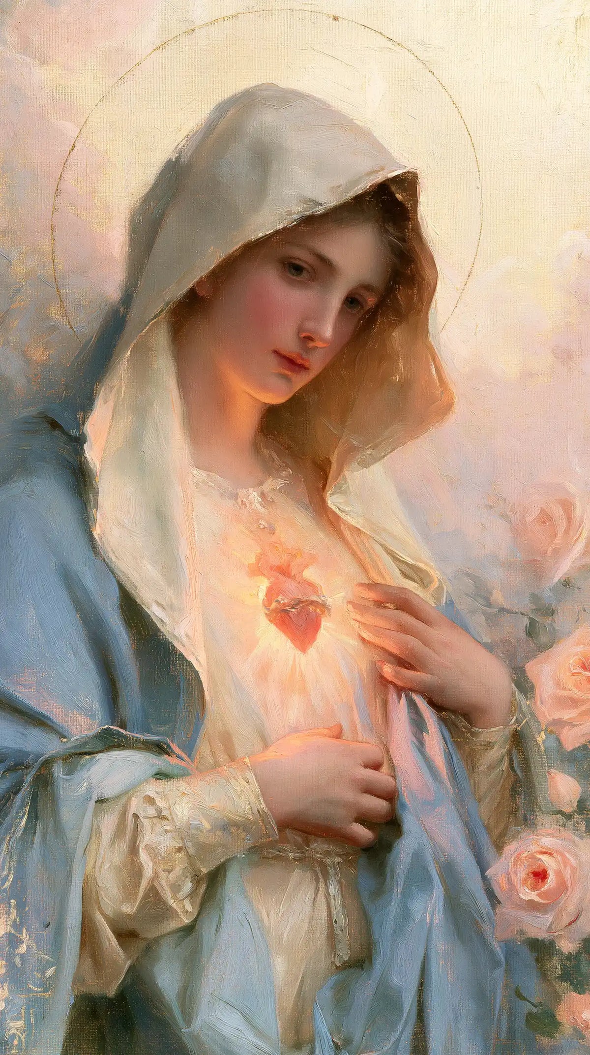 the Immaculate Heart of Mary at dawn in The Immaculate Heart at Dawn style, portrait Christian artwork no. 9