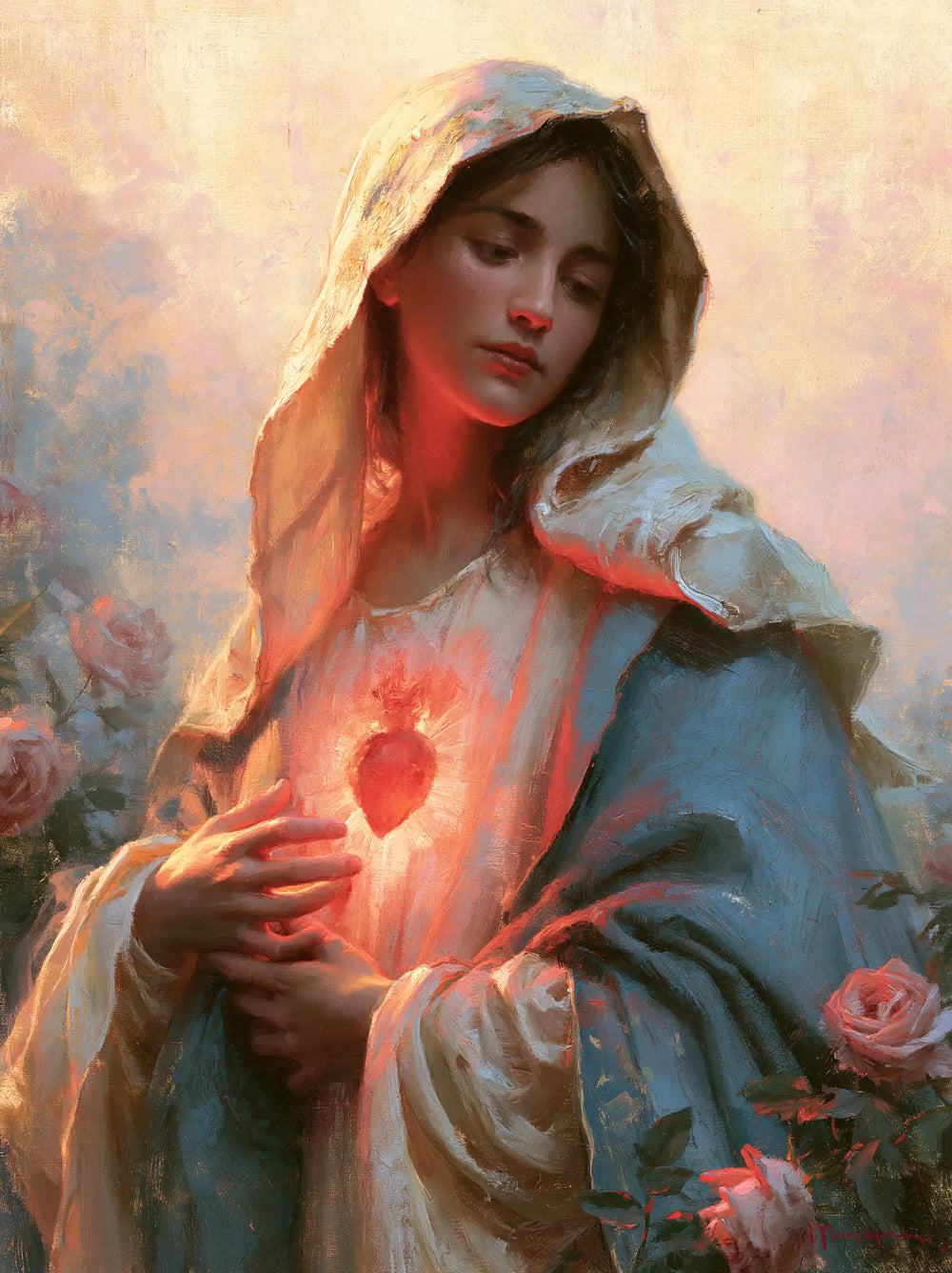 the Immaculate Heart of Mary at dawn in The Immaculate Heart at Dawn style, portrait Christian artwork no. 11