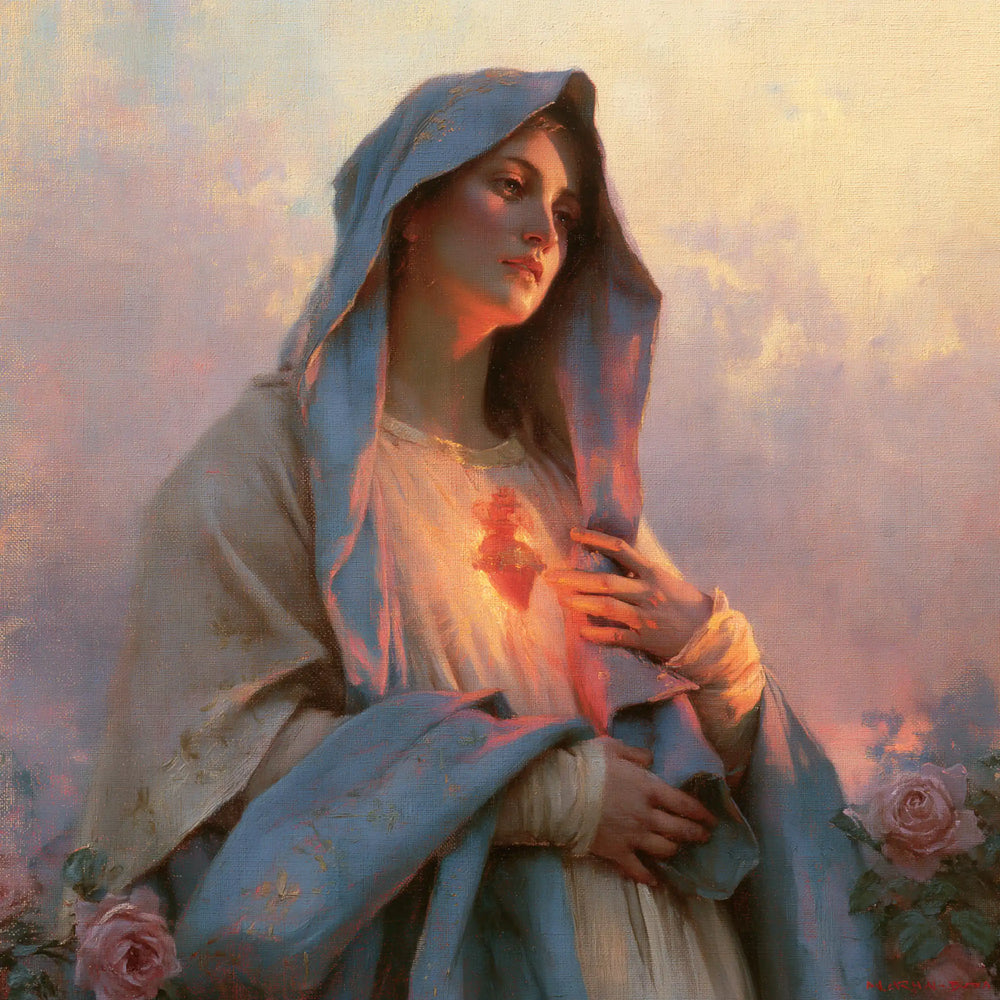 the Immaculate Heart of Mary at dawn in The Immaculate Heart at Dawn style, square Christian artwork no. 5