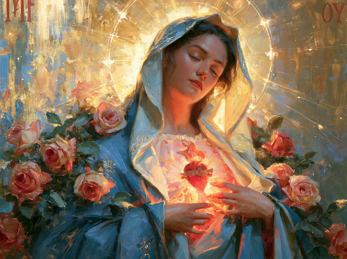 the Immaculate Heart of Mary in an impressionist atmosphere in Impressionist style, landscape Christian artwork no. 8