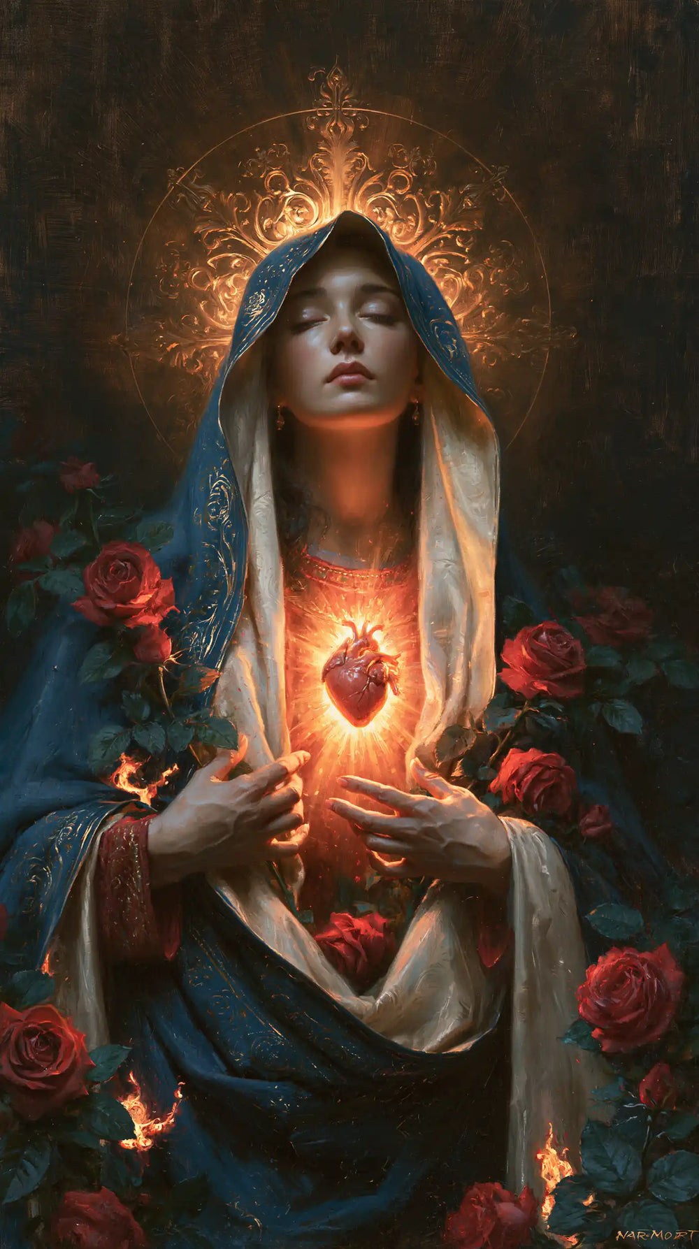 Mary and her Immaculate Heart surrounded by divine light in Mary as Divine Light style, portrait Christian artwork no. 1