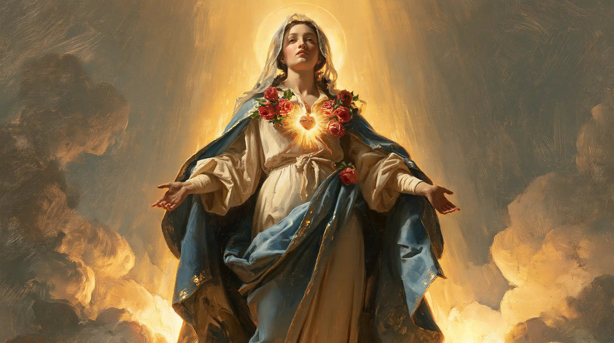 Mary upon the clouds with her Immaculate Heart in Mary upon the Clouds with the Immaculate Heart style, landscape Christian artwork no. 12