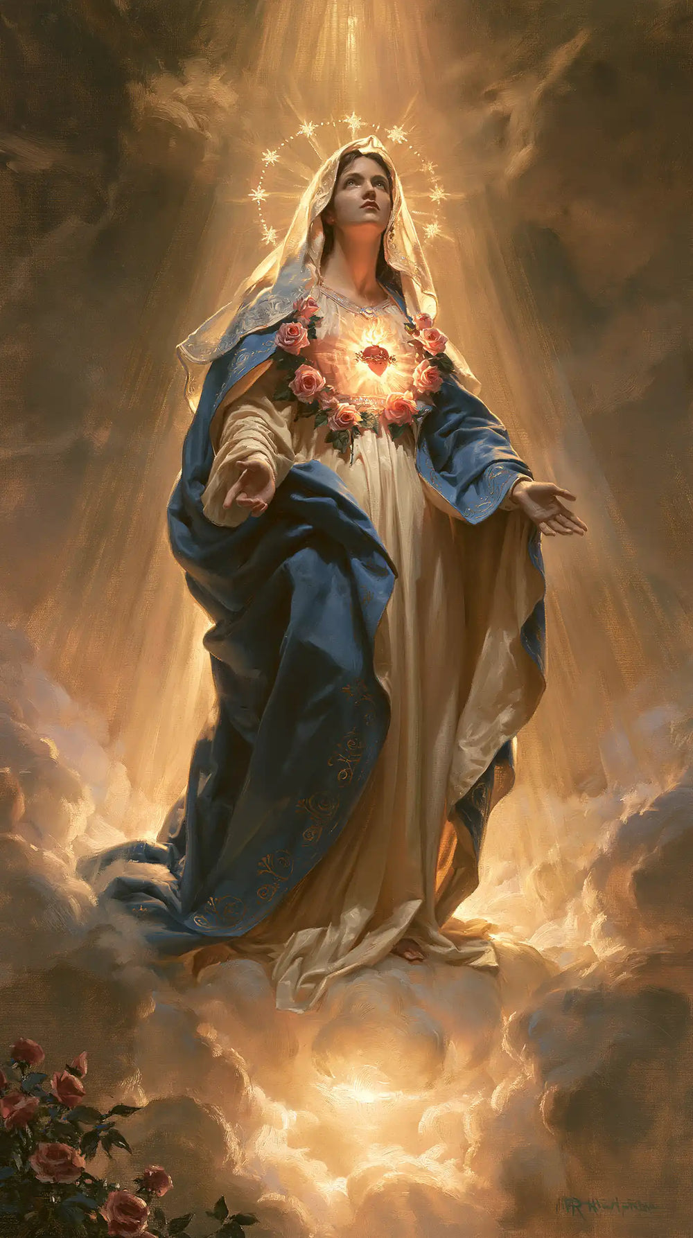 Mary upon the clouds with her Immaculate Heart in Mary upon the Clouds with the Immaculate Heart style, portrait Christian artwork no. 8