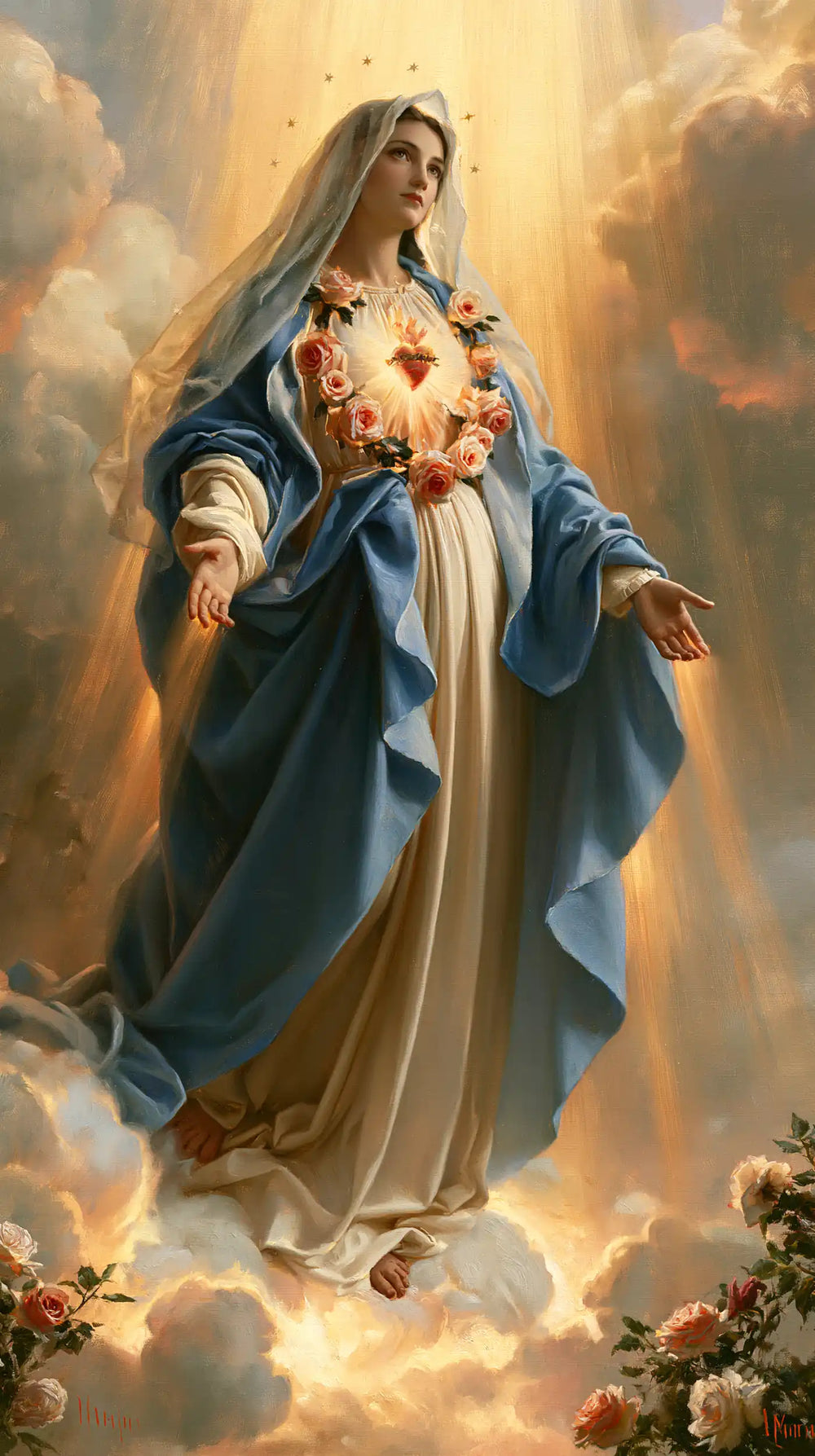 Mary upon the clouds with her Immaculate Heart in Mary upon the Clouds with the Immaculate Heart style, portrait Christian artwork no. 10