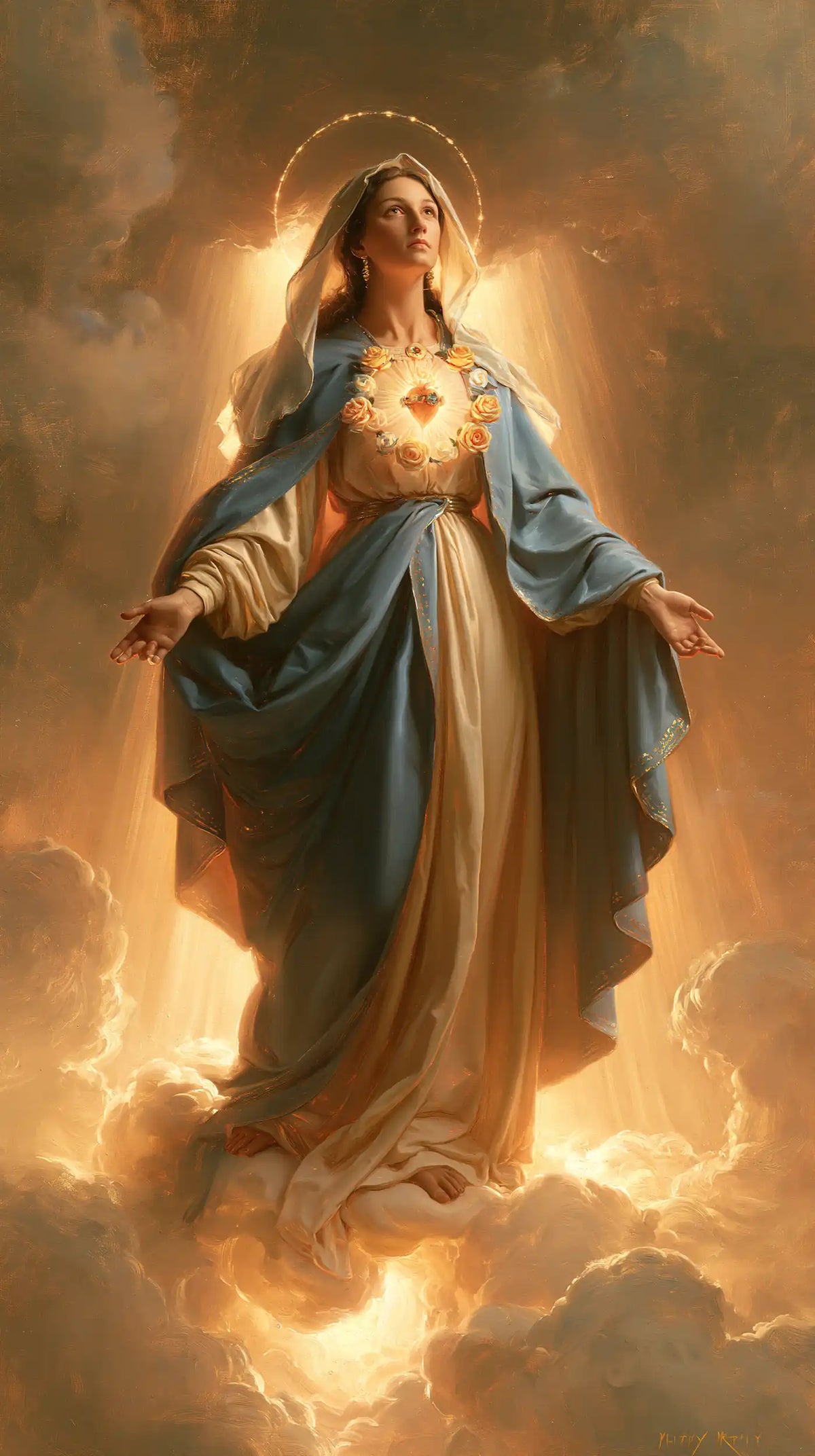 Mary upon the clouds with her Immaculate Heart in Mary upon the Clouds with the Immaculate Heart style, portrait Christian artwork no. 12