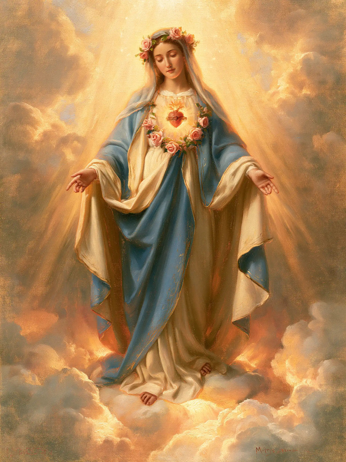 Mary upon the clouds with her Immaculate Heart in Mary upon the Clouds with the Immaculate Heart style, portrait Christian artwork no. 14