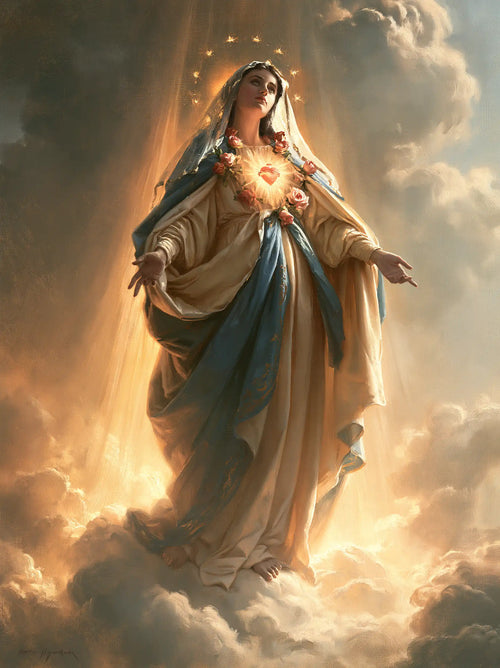 Mary upon the clouds with her Immaculate Heart in Mary upon the Clouds with the Immaculate Heart style, portrait Christian artwork no. 17