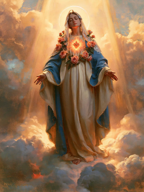 Mary upon the clouds with her Immaculate Heart in Mary upon the Clouds with the Immaculate Heart style, portrait Christian artwork no. 18