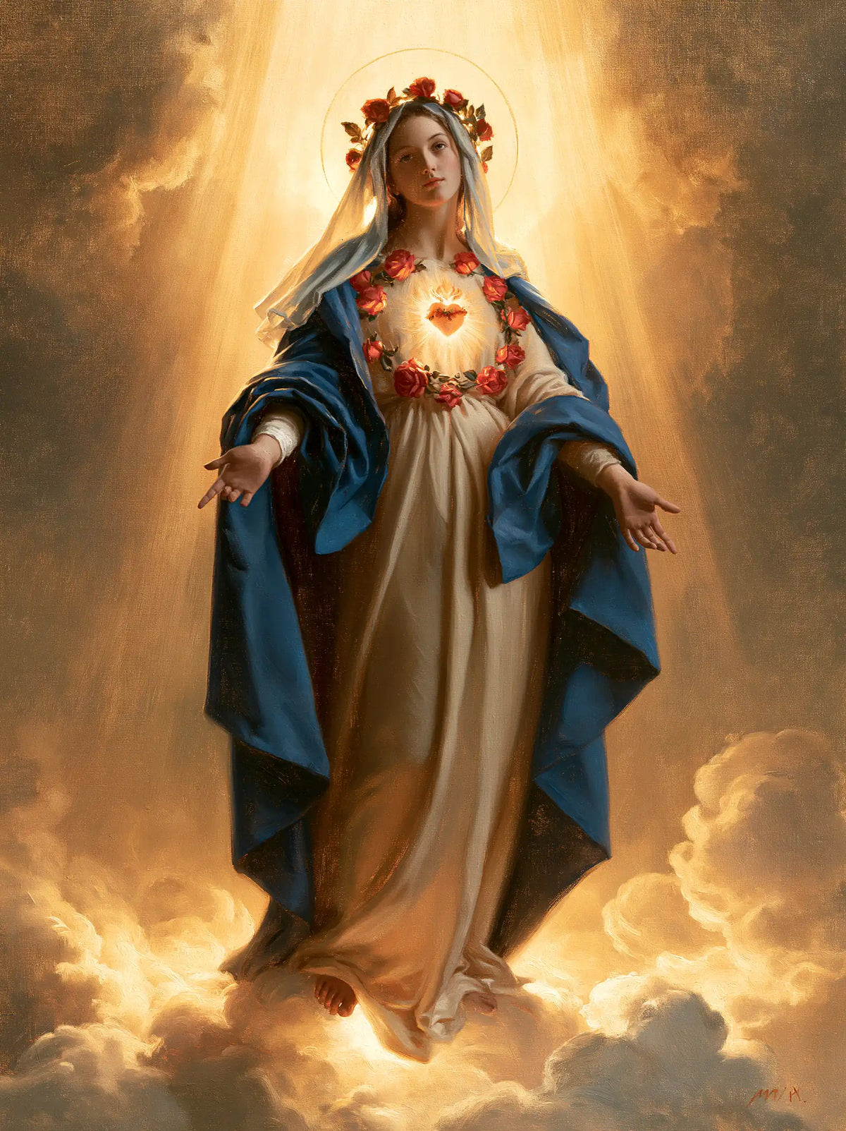 Mary upon the clouds with her Immaculate Heart in Mary upon the Clouds with the Immaculate Heart style, portrait Christian artwork no. 19