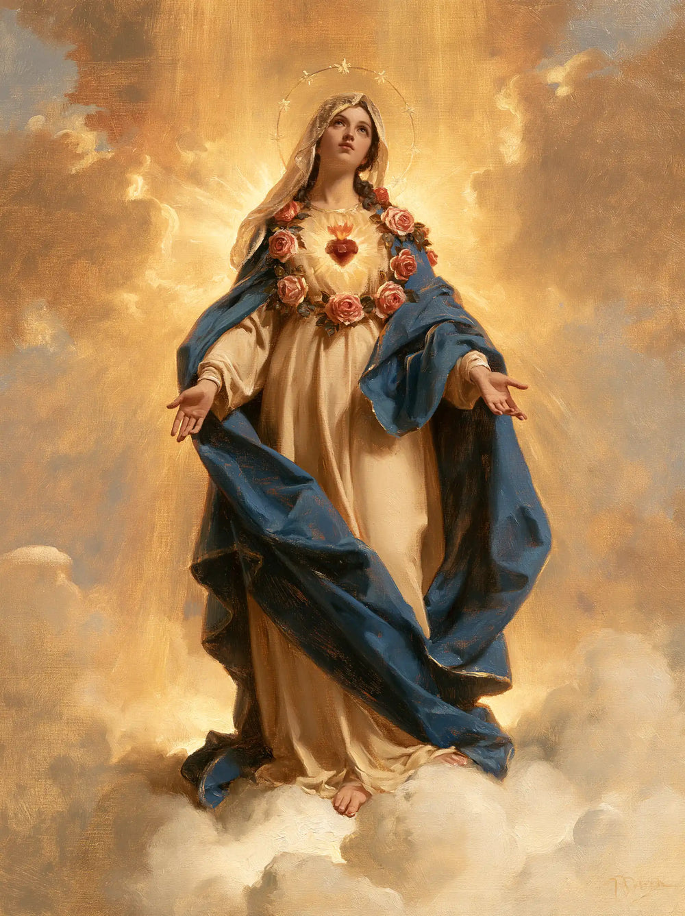 Mary upon the clouds with her Immaculate Heart in Mary upon the Clouds with the Immaculate Heart style, portrait Christian artwork no. 20