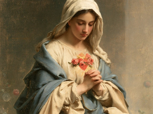 Mary praying with her Immaculate Heart in Mary in Prayer with the Immaculate Heart style, landscape Christian artwork no. 10