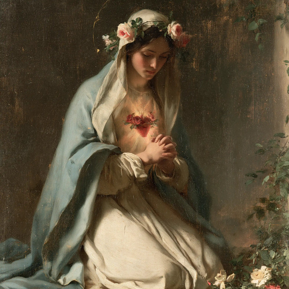 Mary praying with her Immaculate Heart in Mary in Prayer with the Immaculate Heart style, square Christian artwork no. 4