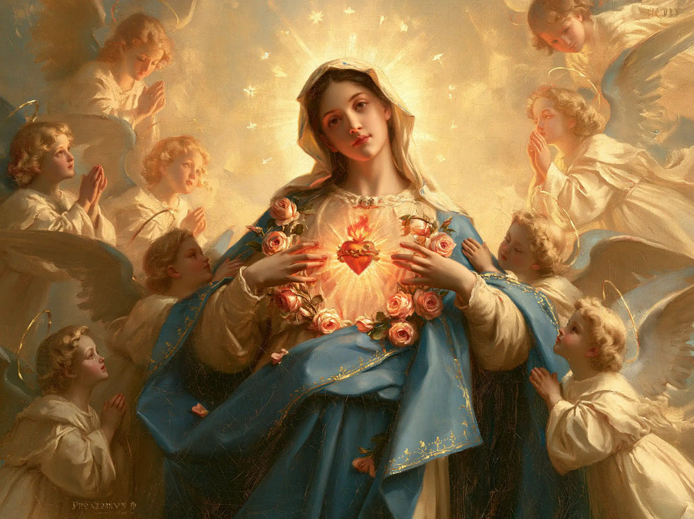 the Immaculate Heart of Mary surrounded by angels in Mary Surrounded by Angels style, landscape Christian artwork no. 2