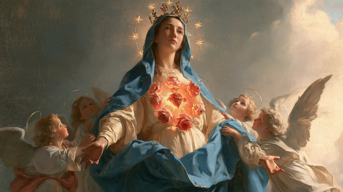 the Immaculate Heart of Mary surrounded by angels in Mary Surrounded by Angels style, landscape Christian artwork no. 9
