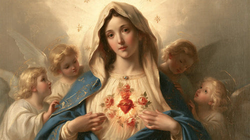 the Immaculate Heart of Mary surrounded by angels in Mary Surrounded by Angels style, landscape Christian artwork no. 18