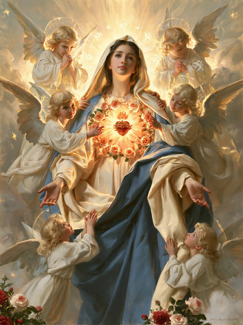 the Immaculate Heart of Mary surrounded by angels in Mary Surrounded by Angels style, portrait Christian artwork no. 19