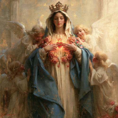the Immaculate Heart of Mary surrounded by angels in Mary Surrounded by Angels style, square Christian artwork no. 4