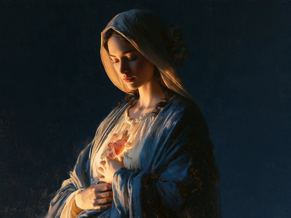 the Immaculate Heart of Mary in midnight-blue chiaroscuro in Midnight Blue Chiaroscuro style, landscape Christian artwork no. 1