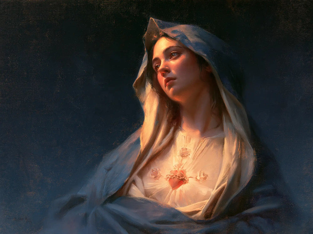 the Immaculate Heart of Mary in midnight-blue chiaroscuro in Midnight Blue Chiaroscuro style, landscape Christian artwork no. 3