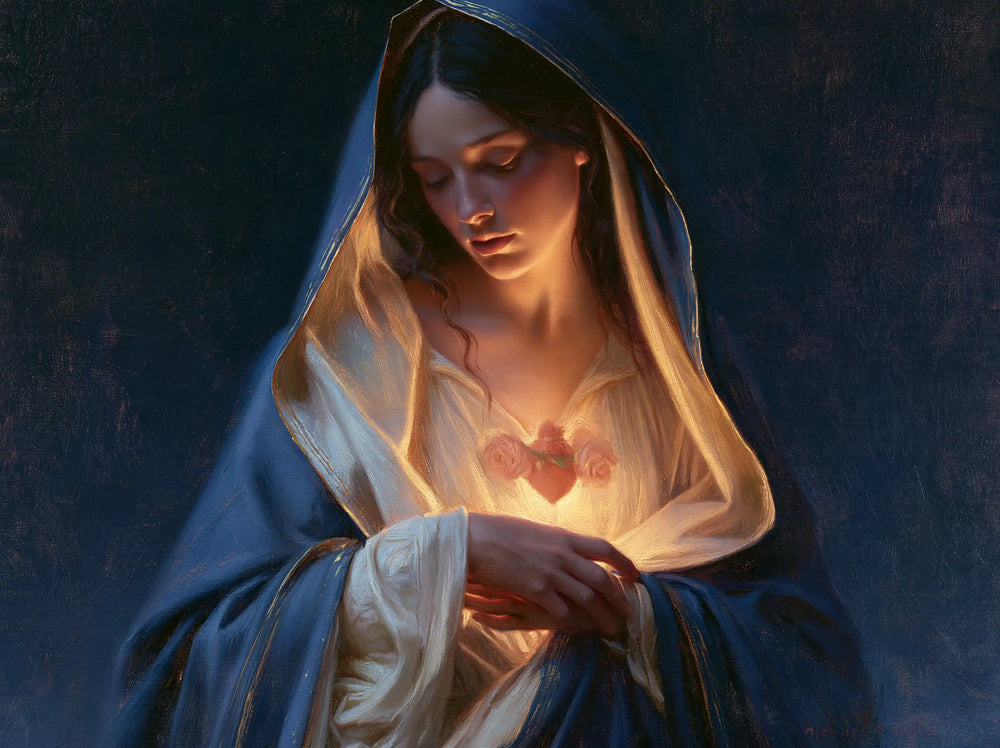 the Immaculate Heart of Mary in midnight-blue chiaroscuro in Midnight Blue Chiaroscuro style, landscape Christian artwork no. 8