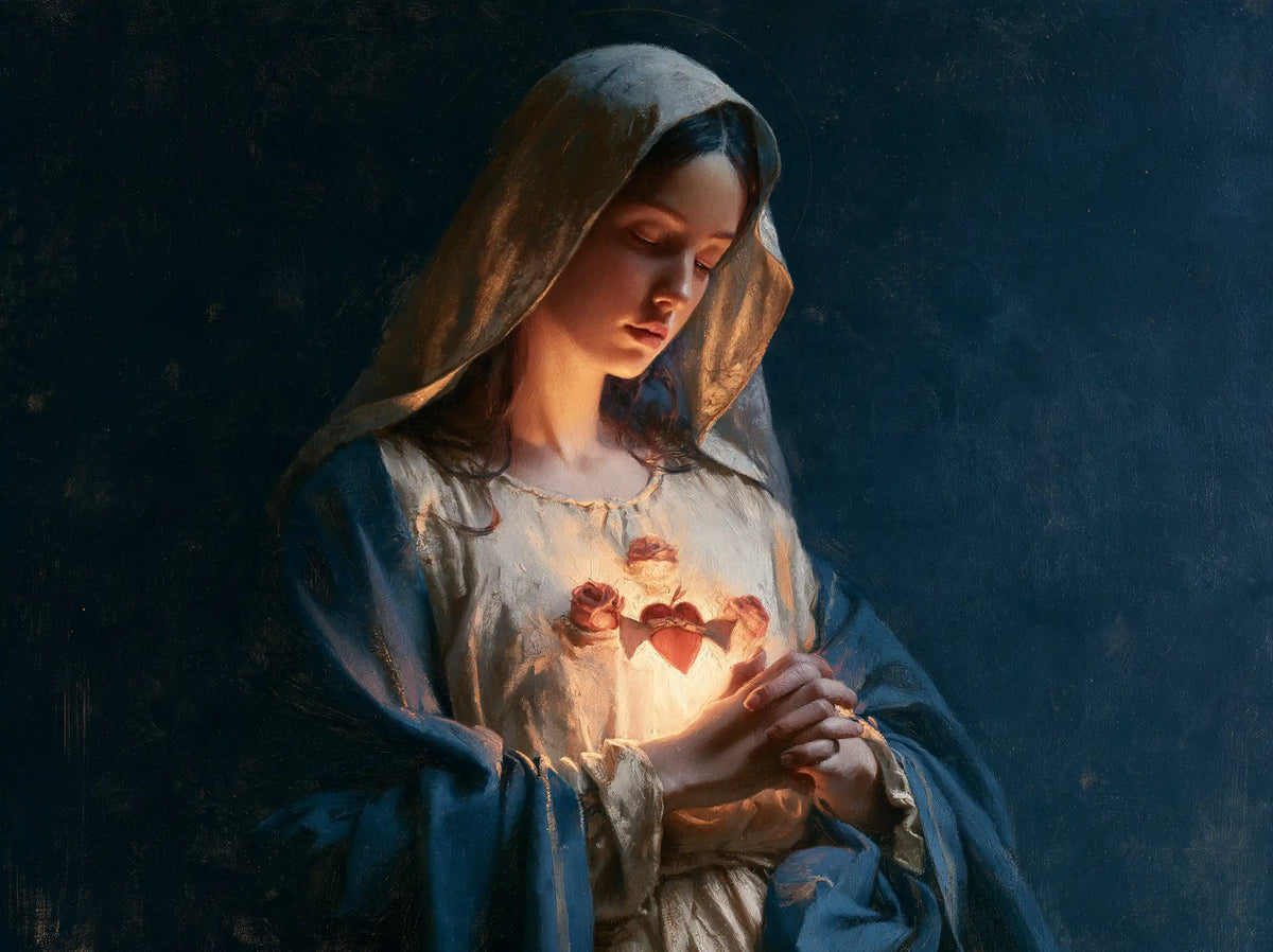 the Immaculate Heart of Mary in midnight-blue chiaroscuro in Midnight Blue Chiaroscuro style, landscape Christian artwork no. 9
