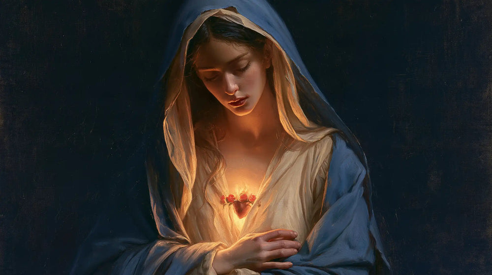 the Immaculate Heart of Mary in midnight-blue chiaroscuro in Midnight Blue Chiaroscuro style, landscape Christian artwork no. 10