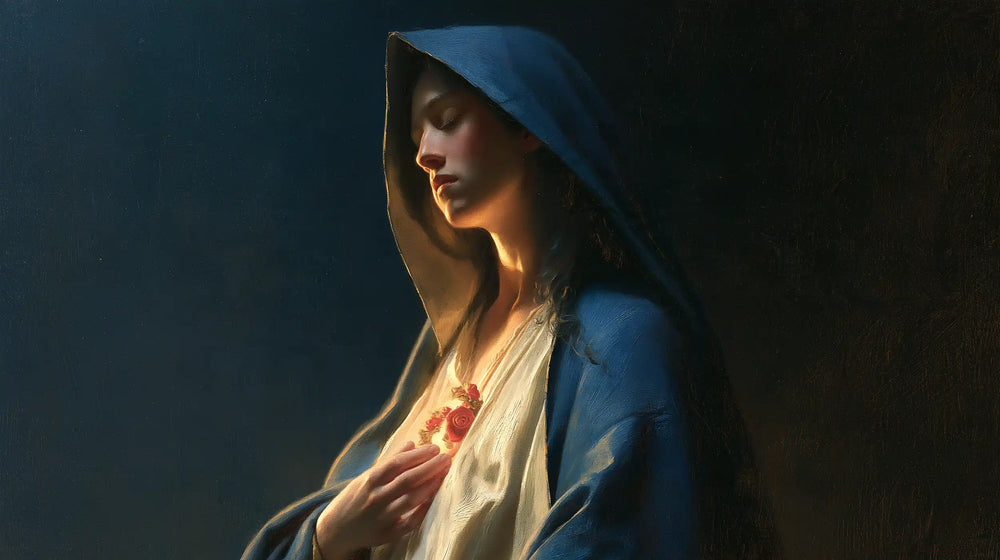 the Immaculate Heart of Mary in midnight-blue chiaroscuro in Midnight Blue Chiaroscuro style, landscape Christian artwork no. 16