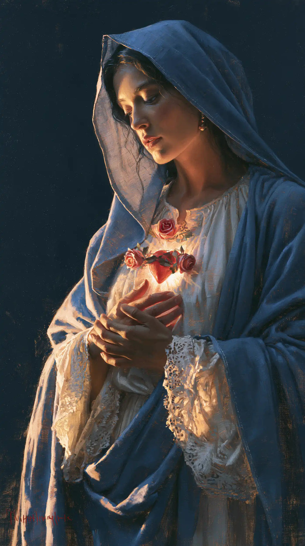 the Immaculate Heart of Mary in midnight-blue chiaroscuro in Midnight Blue Chiaroscuro style, portrait Christian artwork no. 2