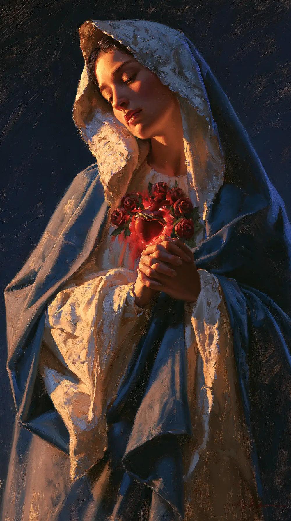 the Immaculate Heart of Mary in midnight-blue chiaroscuro in Midnight Blue Chiaroscuro style, portrait Christian artwork no. 4