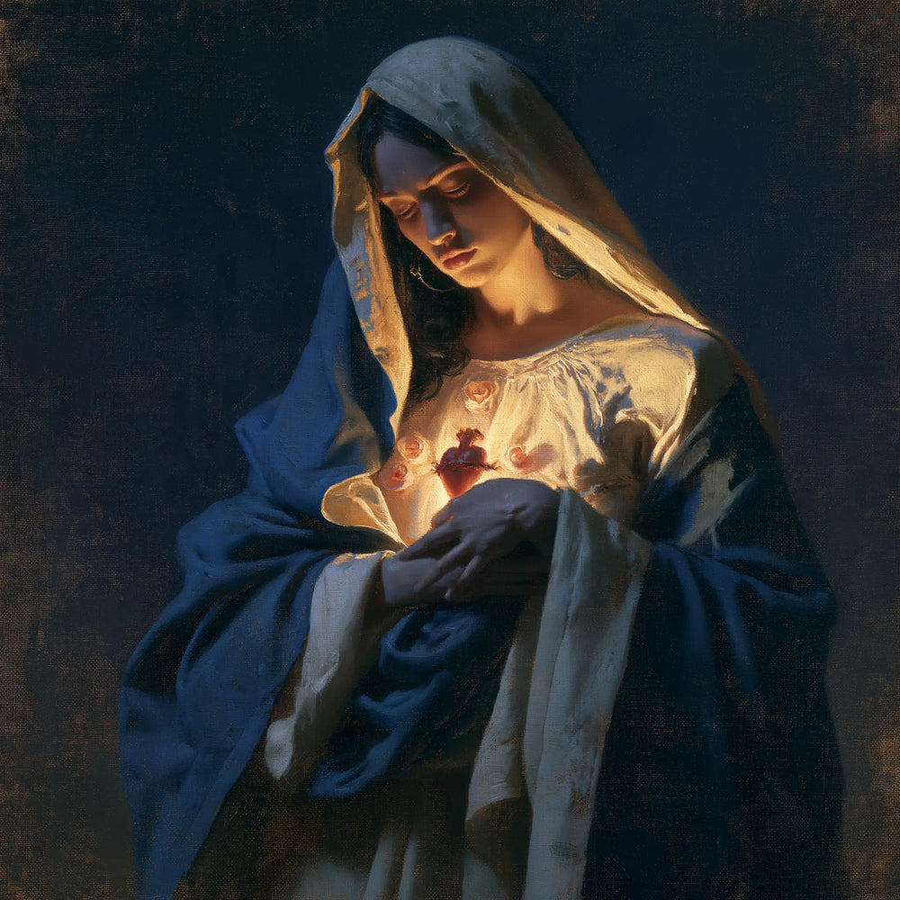 the Immaculate Heart of Mary in midnight-blue chiaroscuro in Midnight Blue Chiaroscuro style, square Christian artwork no. 5