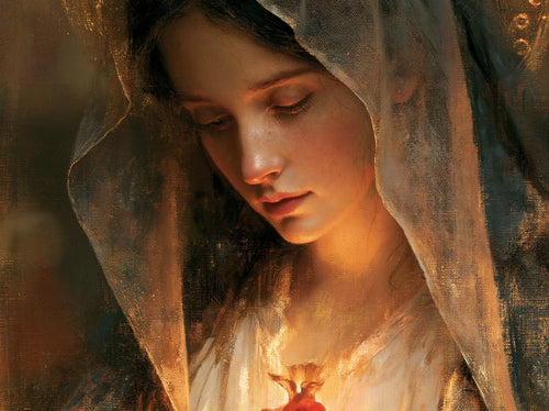 a close portrait of Mary with her Immaculate Heart in Psychological Close-Up style, landscape Christian artwork no. 4