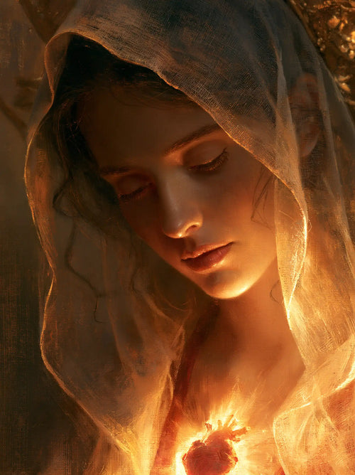 a close portrait of Mary with her Immaculate Heart in Psychological Close-Up style, portrait Christian artwork no. 10