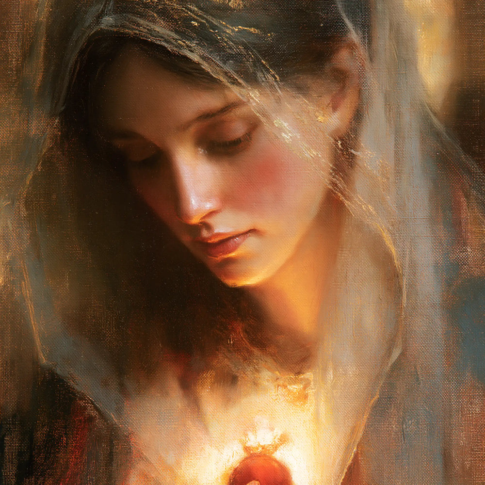 a close portrait of Mary with her Immaculate Heart in Psychological Close-Up style, square Christian artwork no. 5