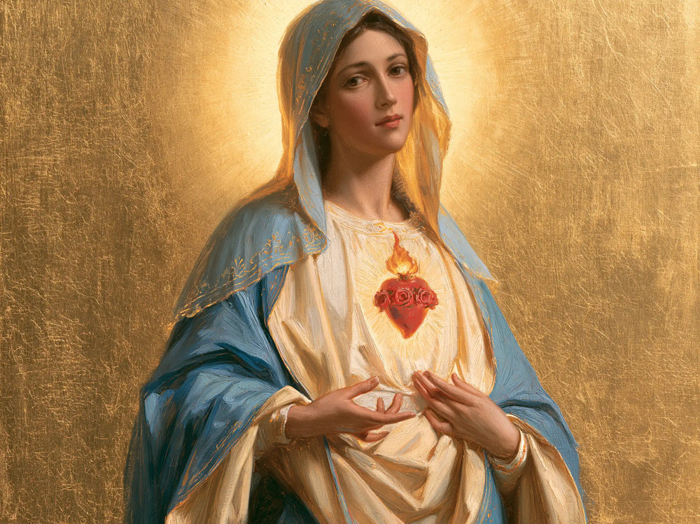 Mary revealing her Immaculate Heart in Sacred Gold style, landscape Christian artwork no. 8