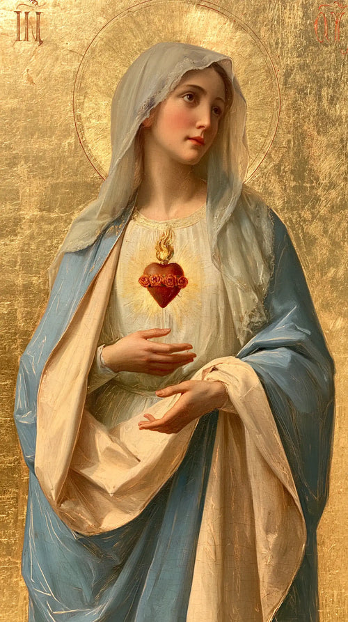 Mary revealing her Immaculate Heart in Sacred Gold style, portrait Christian artwork no. 24