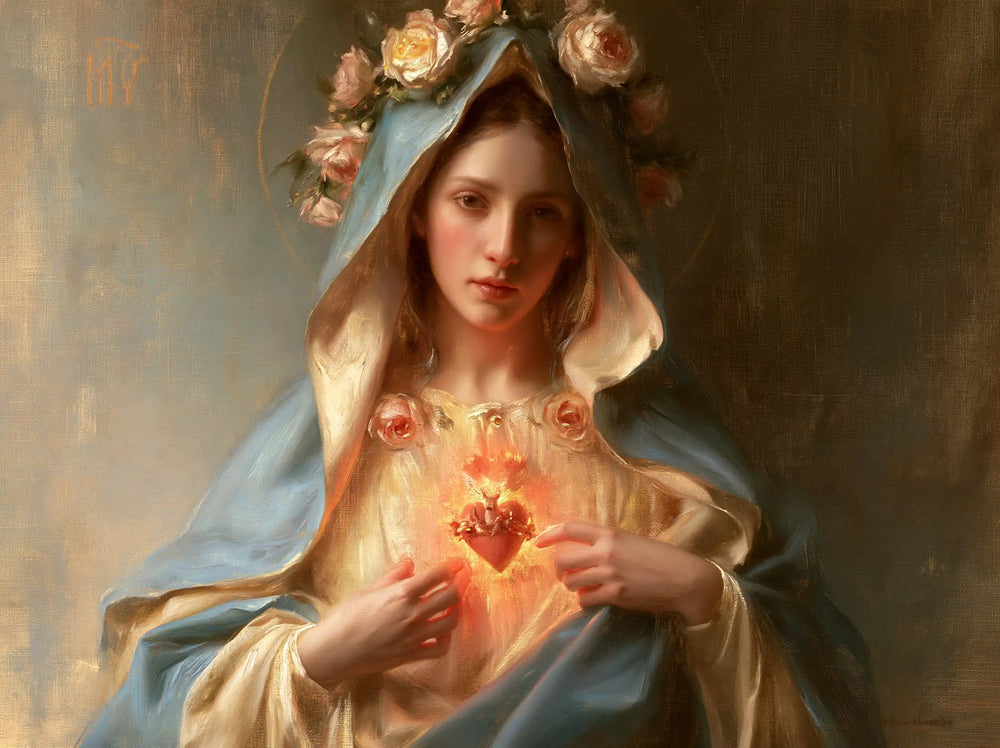 Mary with her Immaculate Heart in sacred maternal tenderness in Sacred Maternal Tenderness style, landscape Christian artwork no. 4