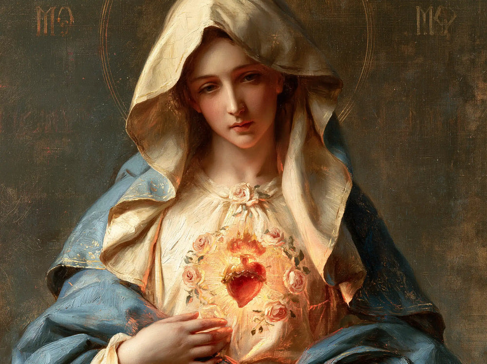 Mary with her Immaculate Heart in sacred maternal tenderness in Sacred Maternal Tenderness style, landscape Christian artwork no. 6