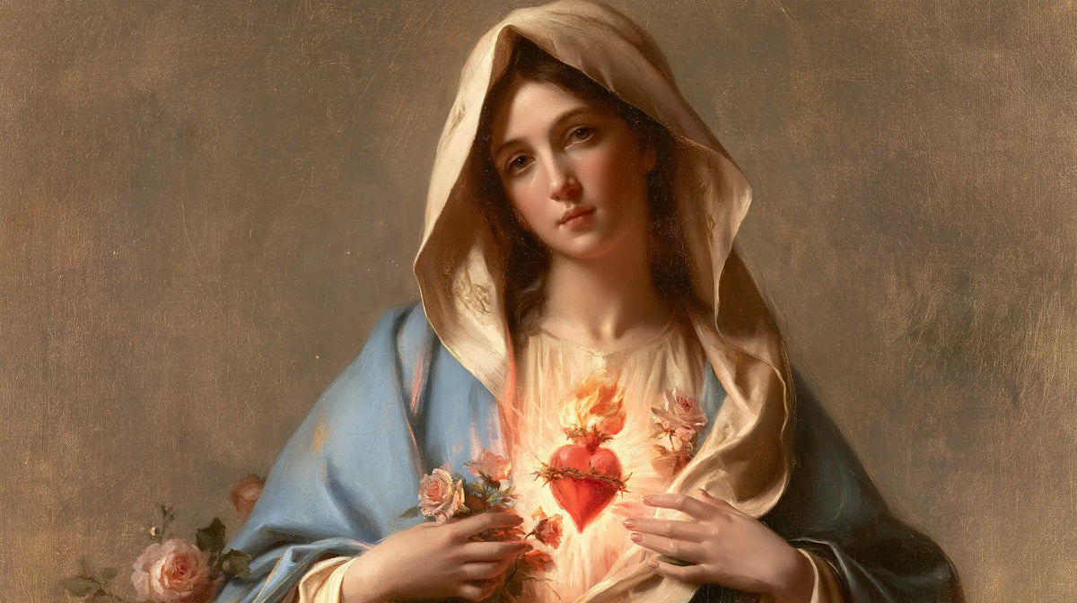 Mary with her Immaculate Heart in sacred maternal tenderness in Sacred Maternal Tenderness style, landscape Christian artwork no. 16