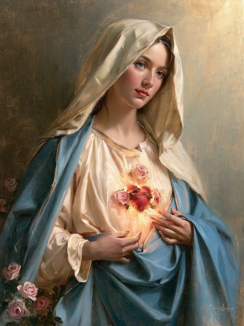 Mary with her Immaculate Heart in sacred maternal tenderness in Sacred Maternal Tenderness style, portrait Christian artwork no. 12