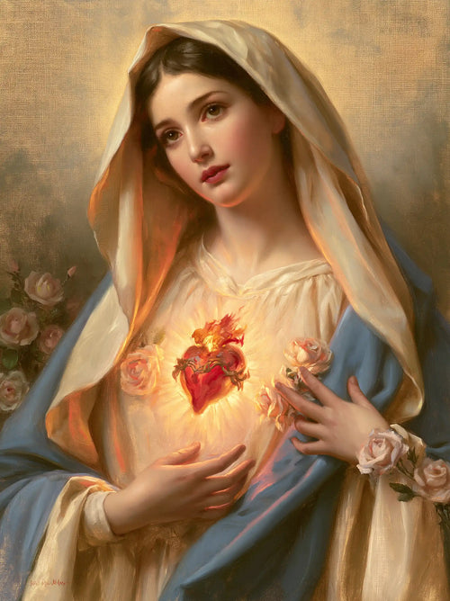 Mary with her Immaculate Heart in sacred maternal tenderness in Sacred Maternal Tenderness style, portrait Christian artwork no. 15