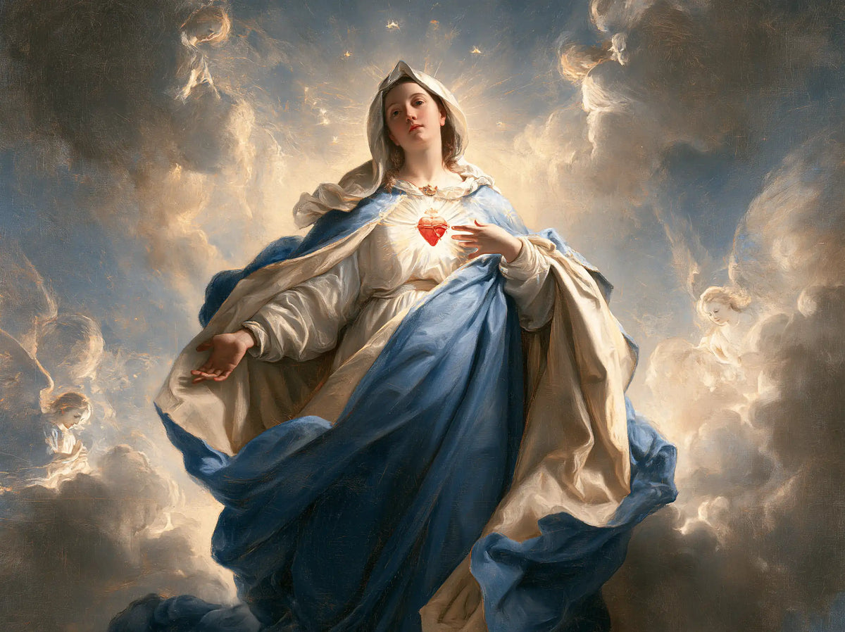 the Immaculate Heart of Mary in a monumental sacred view in Sacred Monumental View style, landscape Christian artwork no. 2
